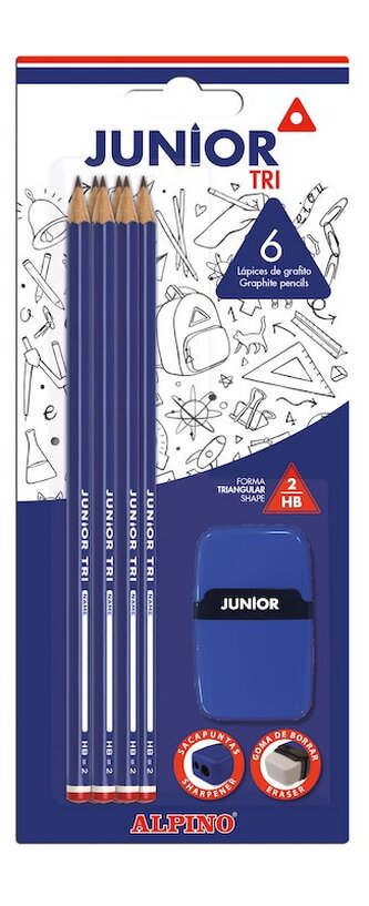 Alpino Balení 6 tužek Junior Tri HB2 s gumou a struhadlem