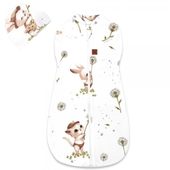 Spací vak, zavinovačka + čepička, LUX SOFT,  bavlna 2v1, Kocourek a pampeliška - bílá