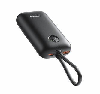 SWISSTEN POWER BANK VOLTBOX 35W 10000 mAh S INTEGROVANÝMI KABELY USB-C A LIGHTNING ČERNÁ