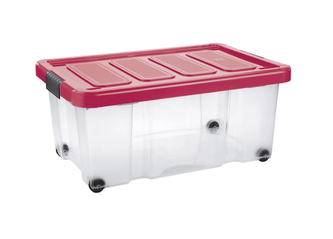Úložný box s klipem a kolečky PUZZLE 43 l transparent/červená