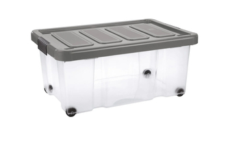 Úložný box s klipem a kolečky PUZZLE 43 l transparent/šedá