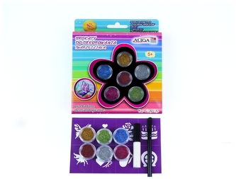 Brokaty do twarzy i ciała 6 kolorów, klej, pędzelek i szablony, FBR-6806, Aliga