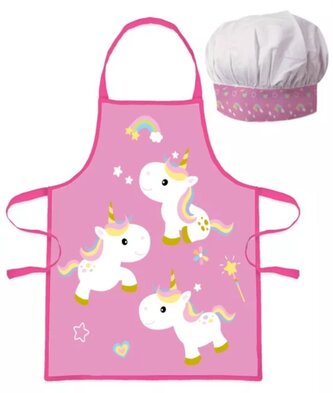 Dětská zástěra UNICORN - JEDNOROŽEC růžový set s čepicí