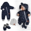 Rostoucí teplákový overal pro miminko, čepice, botky, 3D, Nature - jeans pírka; 56/62 (0-3m)