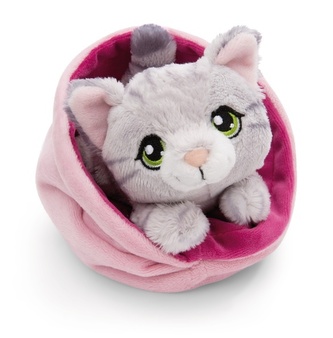 NICI 61331 Maskotka kotek 12cm szary pręgowany w różowym koszyku