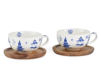 Set porcelánových šálků Pagoda s dřevěnými podšálky - 2 x 120 ml