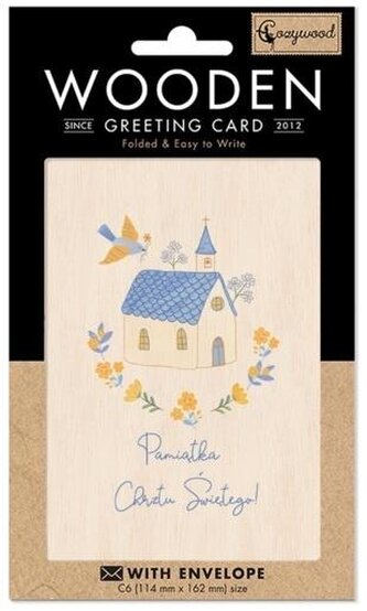 Karnet drewniany C6 + koperta Chrzest Gołąb