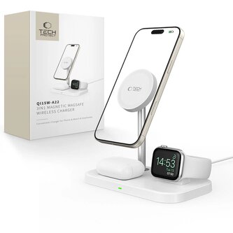 Ładowarka Tech-Protect QI15W-A22 indukcyjna MagSafe ze stojakiem 3w1 MagSafe na smartfon / Apple Watch / AirPods - biała