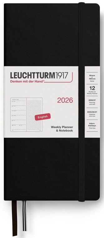 Weekly Planner & Notebook 2026 Wallet (B6+ x A6) Black - tečkovaný