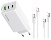 COLORWAY 2x USB-C, 1x USB-A/ síťová nabíječka/ GaN/ PD/ PPS/ 65W/ Včetně 2x kabelů, USB-C-USB-C, USB-C-Lightning/ Bílá