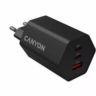 Nástěnná nabíječka "Hexagon 65", černá, 1x USB-A, 2x USB-C, 65W, CANYON CND-CHAHEX65B