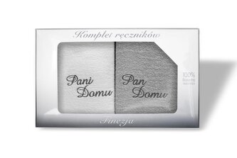 RĘCZNIK KPL.FINEZJA 2 SZT/2x50X90/ FROTTE HAFT"PANI I PAN DOMU" BIAŁY/SZARY