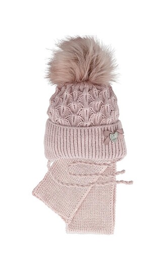 Komplet AJS 48-310 Czapka+szalik dziewczęcy pudrowy-różowy 40-42 cm