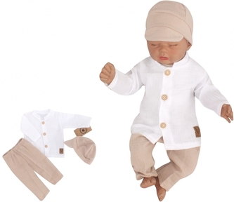 Elegantní mušelínová 3D sada - košile, kalhoty + čepice, 3D sada, bílá/písková, vel. 80; 80 (9-12m)