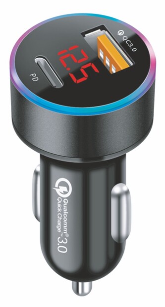 Autonabíječka 2xUSB s LED 36W Quick Charge 3.0 18W+PD 3.0 18W (Bez kabelu) (Černá)