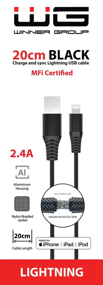 Datový kabel Lightning MFI-USB-20cm (Černý)