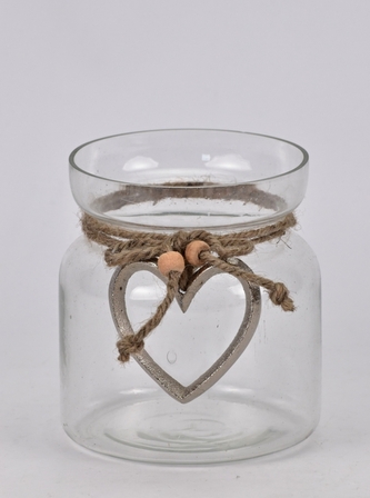 Skleněný svícen se stříbrným srdíčkem 12x9,8 cm