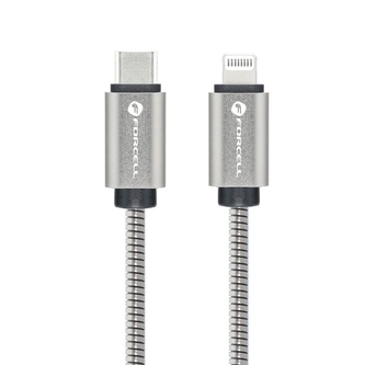 Datový kabel Forcell Metal, USB C na Lightning, QC 3.0, PD 27W, délka 1m, barva stříbrná