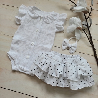 Mušelínová sukničkokraťásky, bodýčko a čelenka, 3D sada, bílá/dots; 56/62