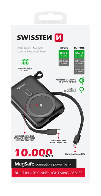 SWISSTEN POWER BANK 10000 mAh PD 20W S INTEGROVANÝMI KABELY  USB-C A LIGHTNING (kompatibilní s MagSafe)