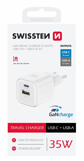 SWISSTEN SÍŤOVÝ ADAPTÉR GaN 1x USB-C 35W PD + 1x USB-A 27W QC BÍLÝ