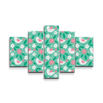 Obraz - 5-dílný Květiny a ptáčci: 125x90 cm