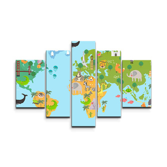 Obraz - 5-dílný Zvířecí mapa světa: 125x90 cm