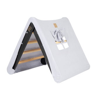 Dětský dřevěný žebřík trojúhelník Pikler s domečkovým potahem: černý, potah šedomodrý Dětský dřevěný žebřík trojúhelník Pikler s domečkovým potahem: černý, potah šedomodrý