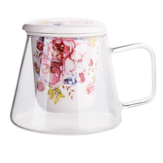 SKLENĚNÝ HRNEK SCARLETT S PORCELÁNOVOU NÁSTROJÍ A VÍKEM 300ML BAREVNÁ KRABIČKA
