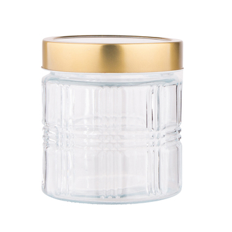 SKLENĚNÁ NÁDOBA S POKLÍČKOU ZLATÉ BARVY 800ML S DEKORACÍ MŘÍŽKA