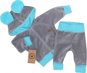 Z&Z Velurová, semišková tepláková souprava TEDDY s oušky - modrá, šedá, vel. 80; 80 (9-12m)