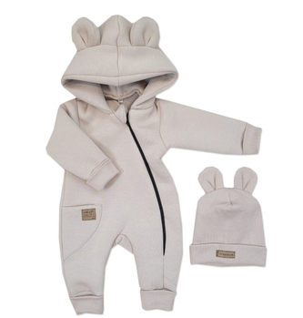 Oteplený dětský overal bez šlapek s kapucí + čepička, 2D, Kazum, béžový; 56 (1-2m)