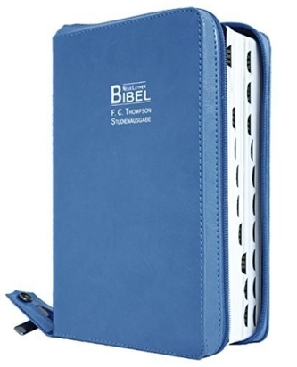 Neue Luther Bibel, F. C. Thompson, Studienausgabe, Reißverschluss - Kunstleder PU Blau