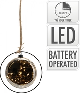 Skleněná LED koule na jutovém provazu 20x80 cm kouřová