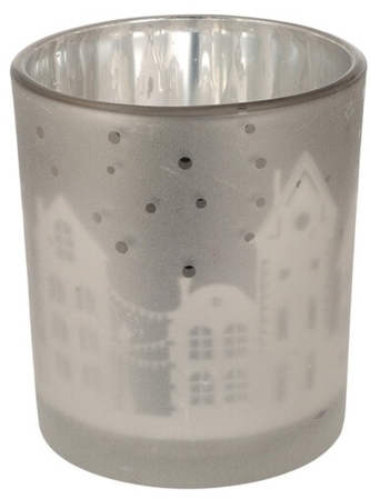 Skleněný svícen domeček 10x9 cm šedý