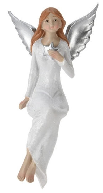 Sedící anděl s glitry B 16 cm