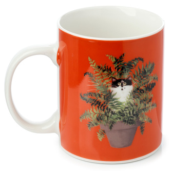Porcelánový hrnek červený Kočka v květináči - design Kim Haskins
