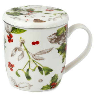 Sada porcelánový hrnek se sítkem na čaj a víčkem Zimní květy Botanicals