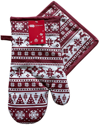 Kuchyňský set rukavice/chňapka CHRISTMASSY bílá/vínová 18x30 cm/20X20 cm ESSEX