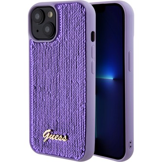 Guess Sequin Script Logo kryt iPhone 15 fialový