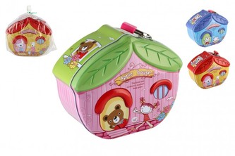 Pokladnička domeček plechová se zámkem 16x8cm 3 barvy v sáčku Pokladnička domeček plechová se zámkem 16x8cm 3 barvy v sáčku