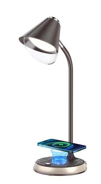 LED stolní lampička Immax FINCH s Qi nabíjením hnědá +zlaté prvky