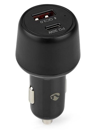 NEDIS nabíječka do auta/ 48 W/ dva výstupy/ 12 - 24 V DC/ 3.0 A/ USB-A/ USB-C/ automatická volba napětí/ černá