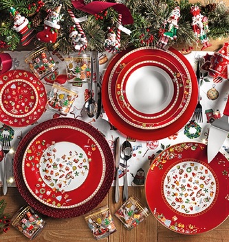 VADA - Vánoční červená jídelní porcelánová 17-ti dílná sada talířů CHICCHI E BALOCCHI BRANDANI