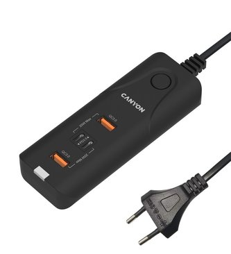 CANYON nabíječka H-10 do sítě 2xUSB-C (PD 20W) + 2x USB-A (QC 3.0 18W), ochrana, 100V-240V, výstup až 40W, 1m, černá