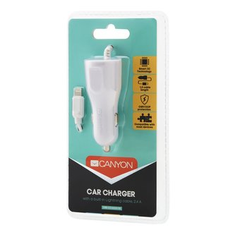 CANYON Univerzální 1xUSB auto nabíječka s lighting kabelem, Input 12V-24V, Output 5V-2.4A, Smart IC, bílá