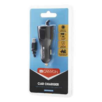 CANYON Univerzální 1xUSB auto nabíječka s micro USB kabelem, Input 12V-24V, Output 5V-2.4A, Smart IC, černá