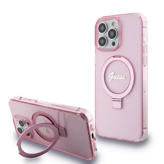 Guess IML Ring Stand Glitter MagSafe Zadní Kryt pro iPhone 15 Pro Pink