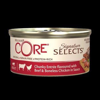 Konzerva Wellness Core Cat Selects Chunky kuře s hovězím v omáčce 79g