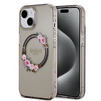 Guess PC/TPU Flowers Ring Glossy Logo MagSafe Zadní Kryt pro iPhone 15 Black Guess PC/TPU Flowers Ring Glossy Logo MagSafe Zadní Kryt pro iPhone 15 Black